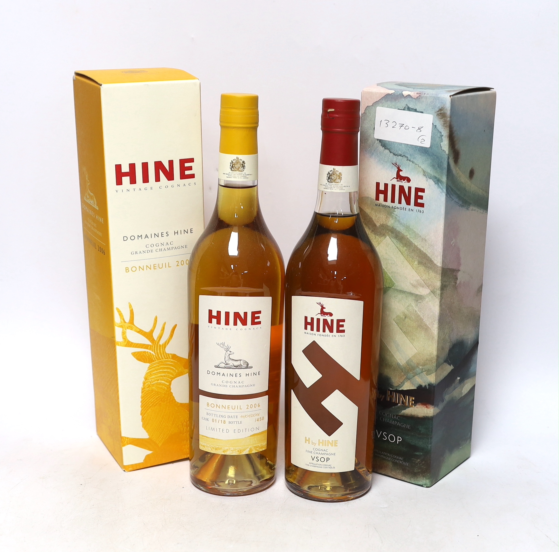 A bottle of Hine 2006 Bonneuil cognac and a bottle of Hine VSOP Fine Champagne cognac, both boxed